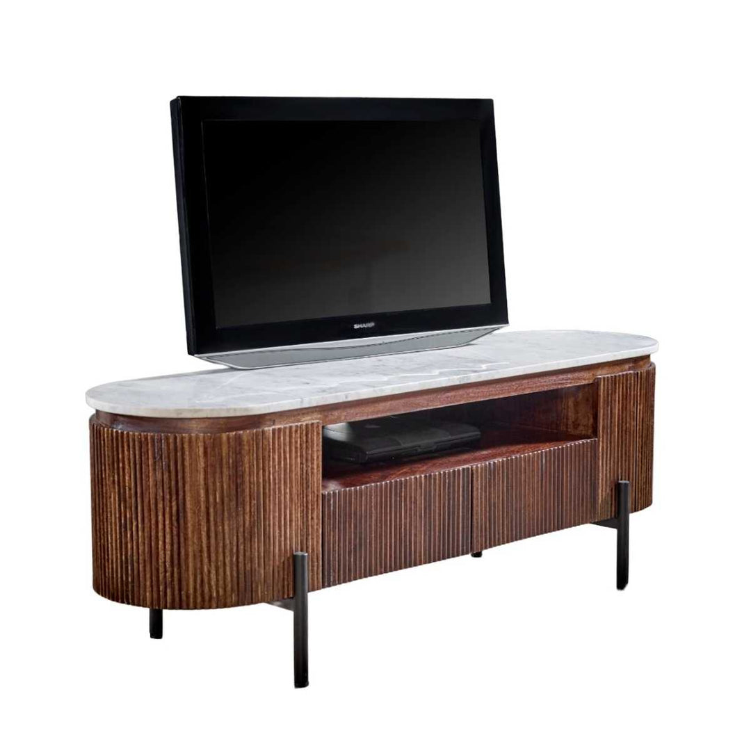 Opal Mango Wood Tv Cabinet With Marble Top & Metal Legs