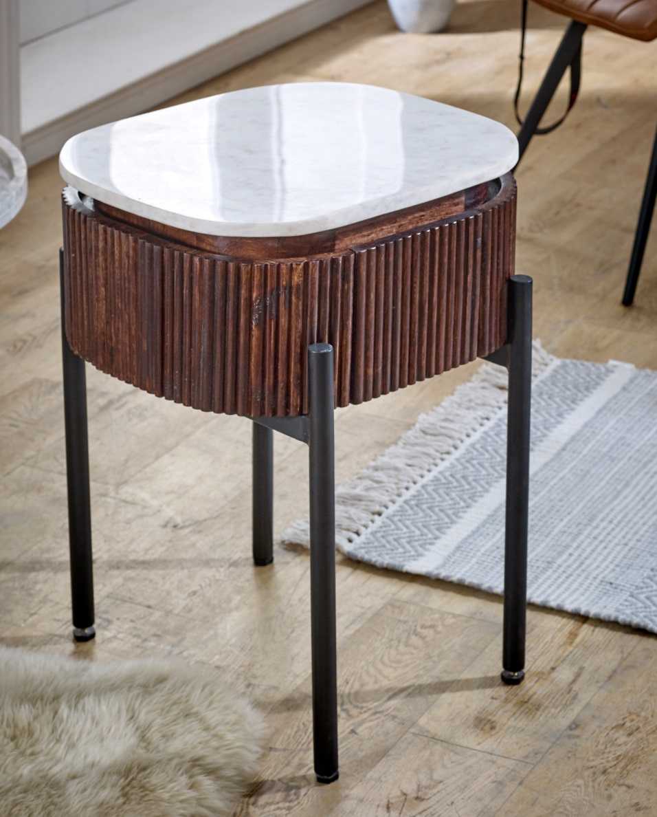 Opal Mango Wood Bedside Table With Marble Top & Metal Legs