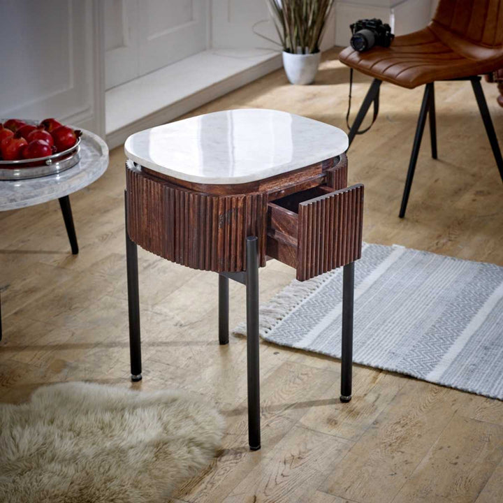 Opal Mango Wood Bedside Table With Marble Top & Metal Legs