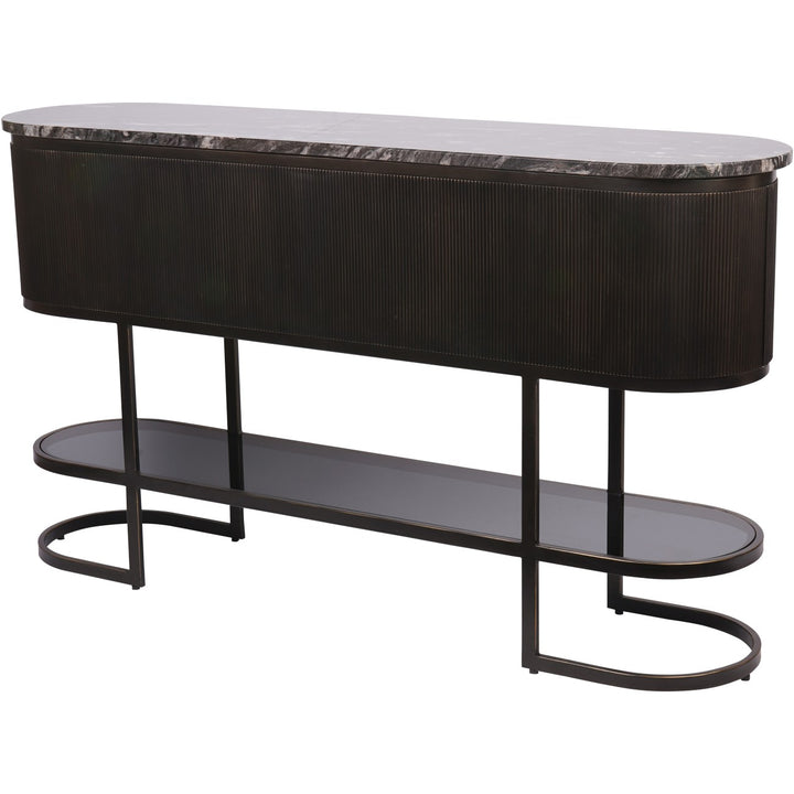 Contemporary Belvedere oval console table in black marble and bronze
