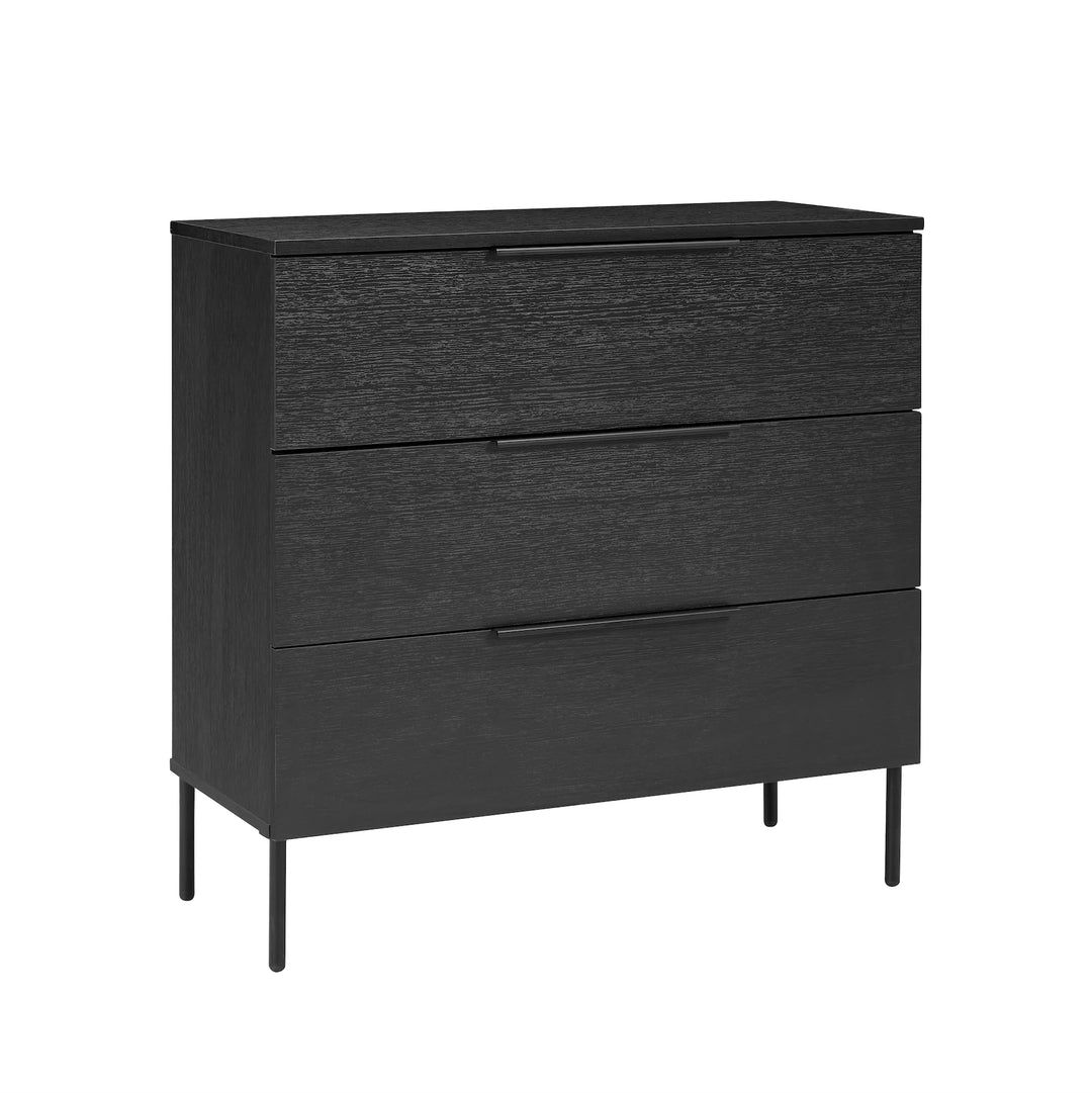 Black dresser with three drawers on a white background