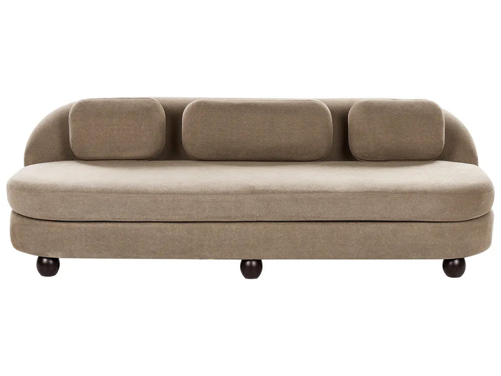 Beige sofa with three cushions on a white background