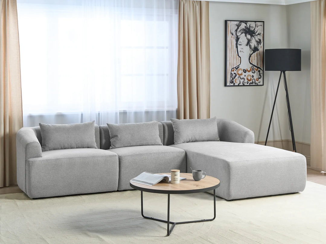 Gray sectional sofa in a living room with a coffee table and decor items.