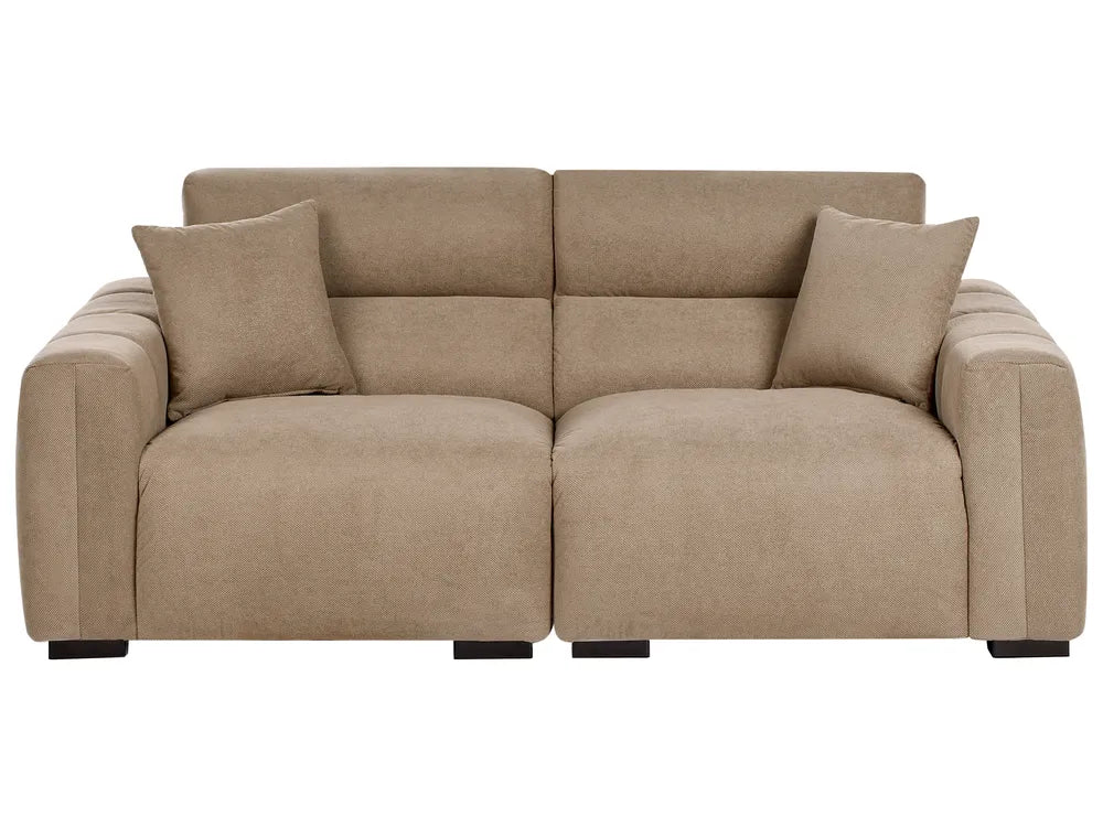 Beige sectional sofa with two cushions on a white background