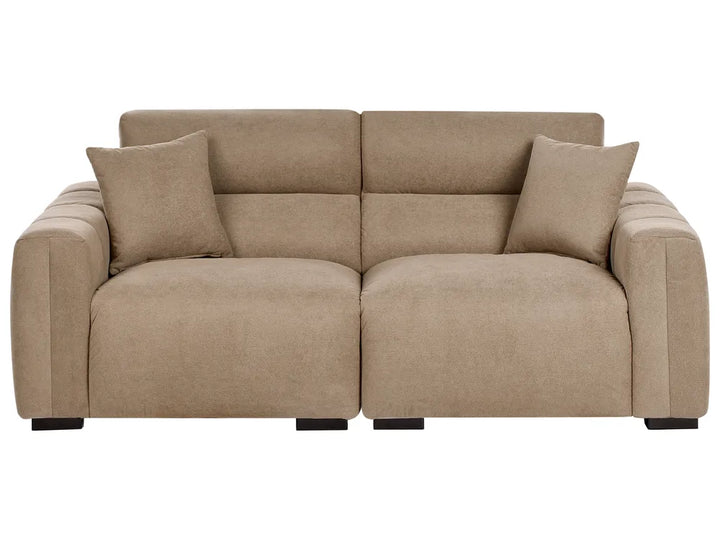 Beige sectional sofa with two cushions on a white background