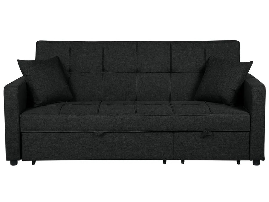 Black sofa bed with two pillows on a white background