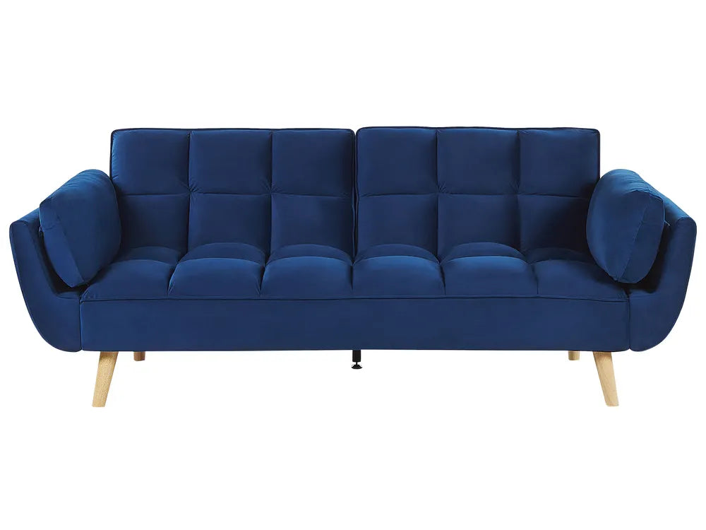 Blue sofa with wooden legs on a white background