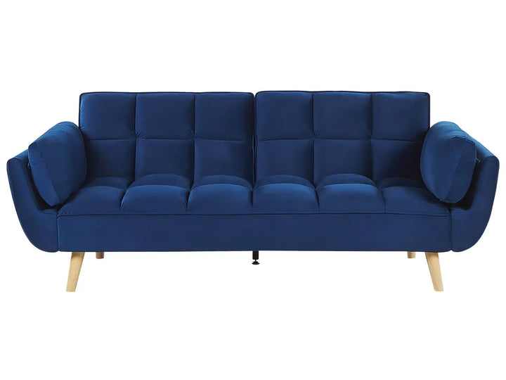 Blue sofa with wooden legs on a white background