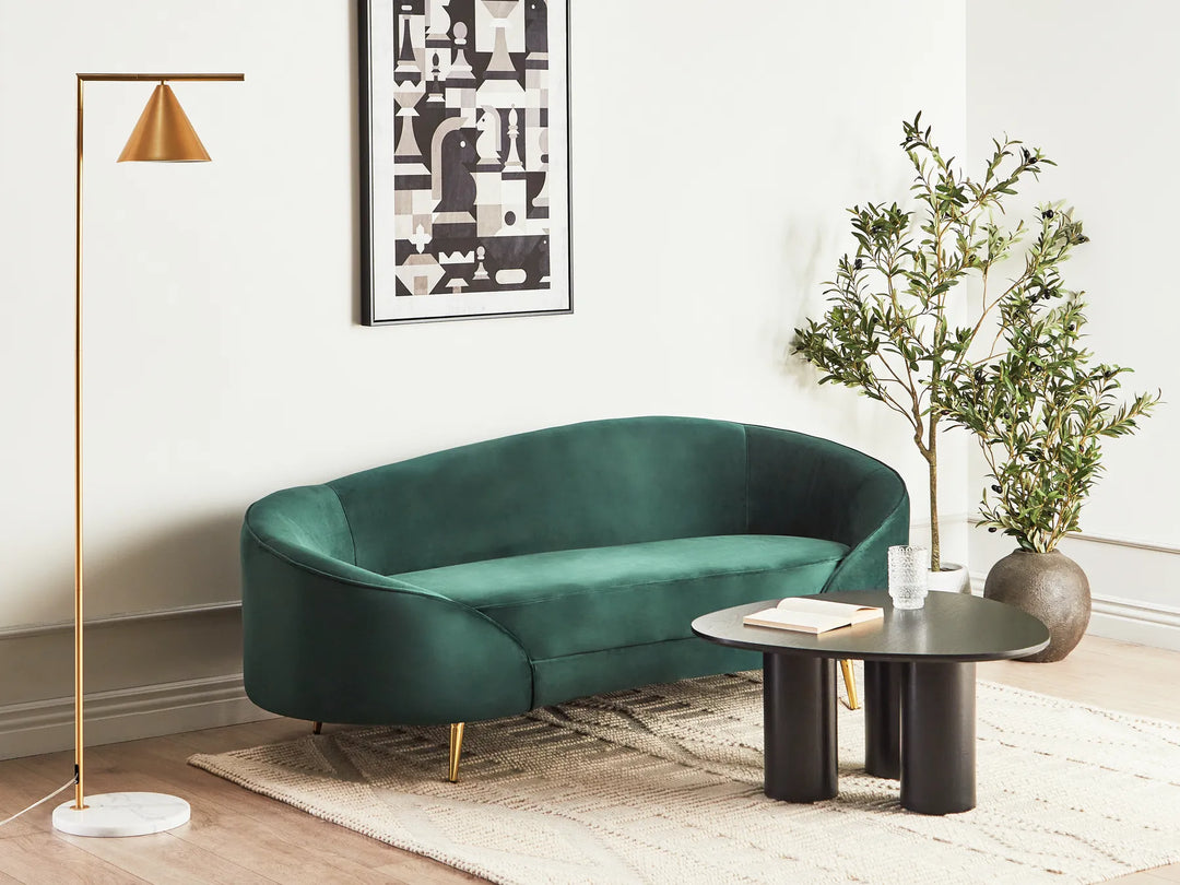 Modern living room with a green sofa, black coffee table, and decorative elements.