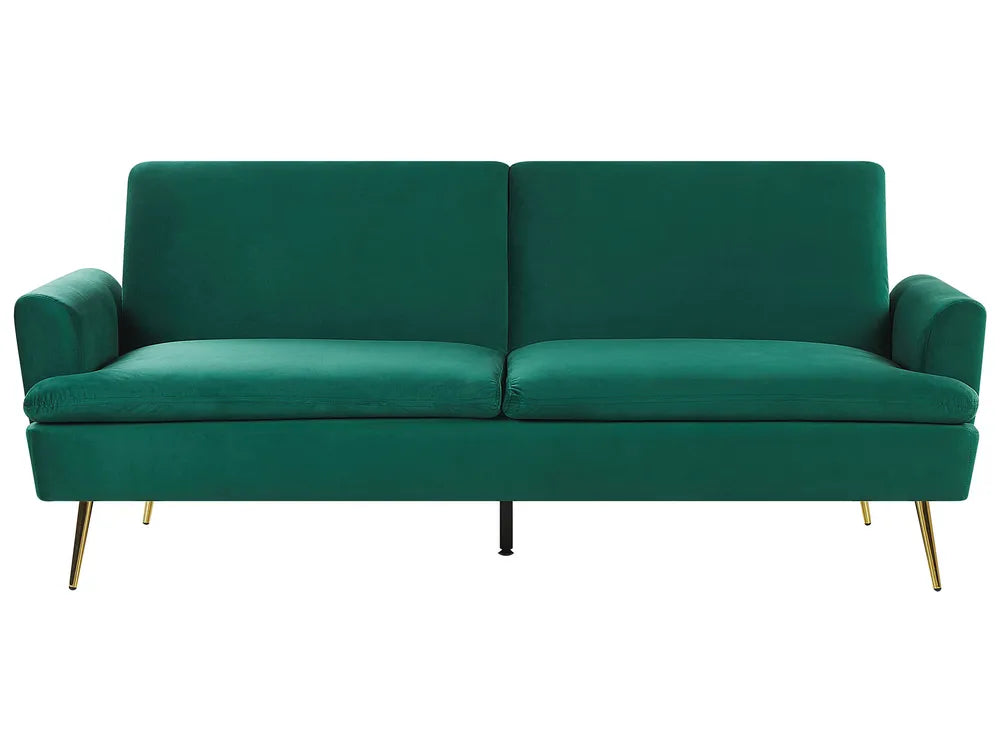 Green sofa with gold legs on a white background