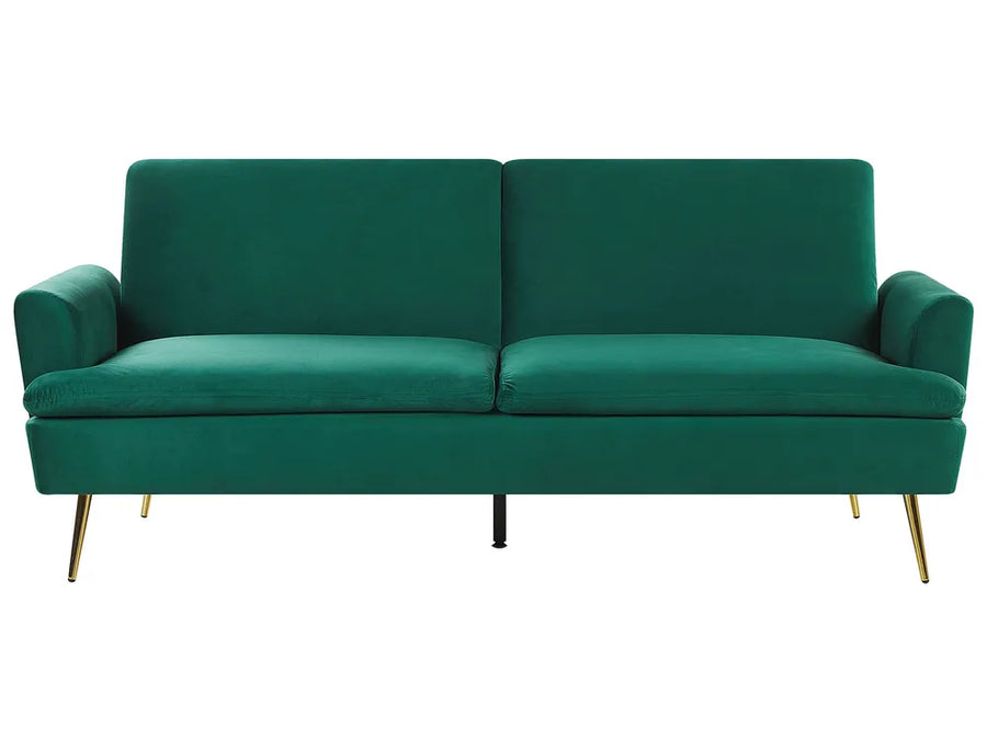 Green sofa with gold legs on a white background