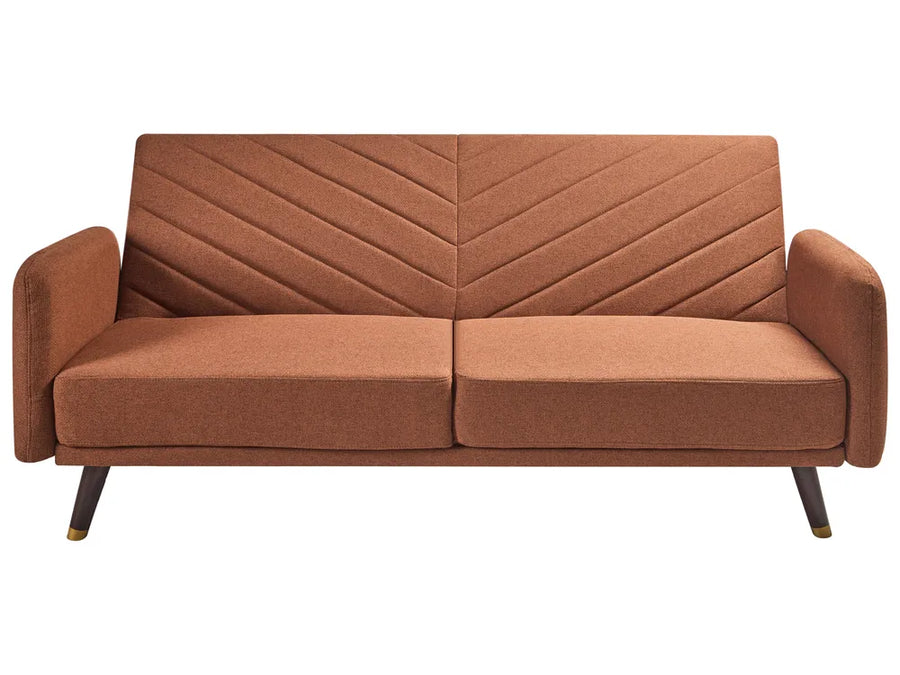 Brown chevron-patterned sofa on a white background