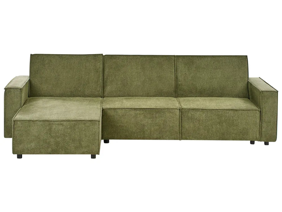 Right-hand 3-seater fabric corner sofa bed in dark green with chaise