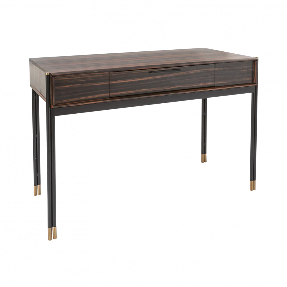 Wooden desk with bronze accents on a white background