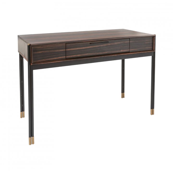 Wooden desk with bronze accents on a white background