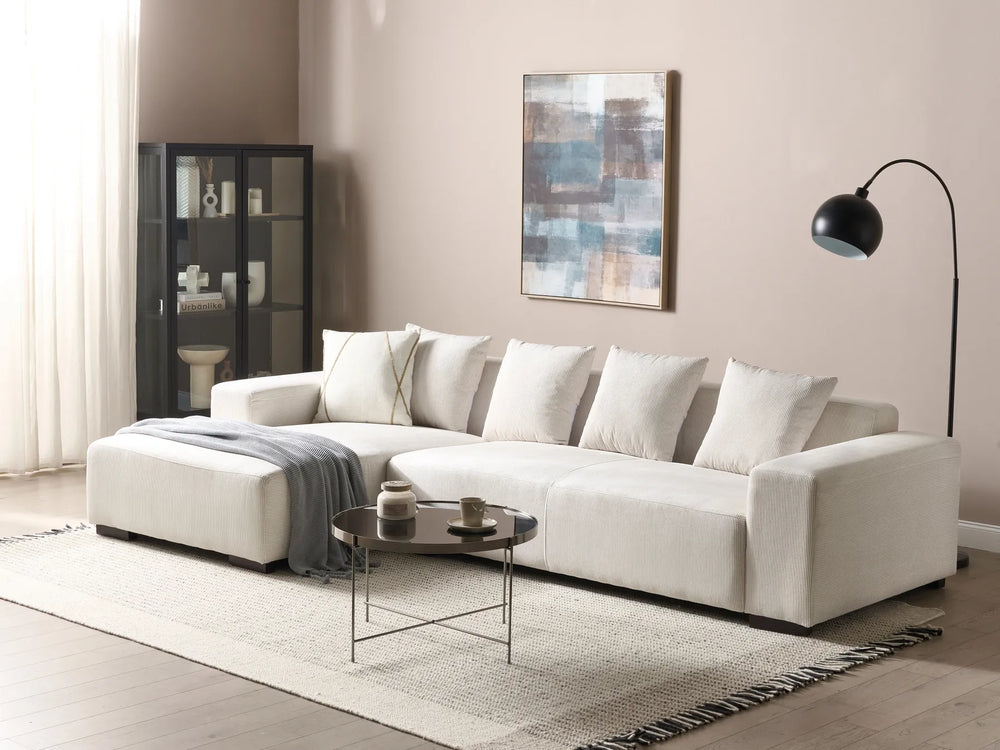 Modern right-hand corner sofa in off-white corduroy with removable cushion covers