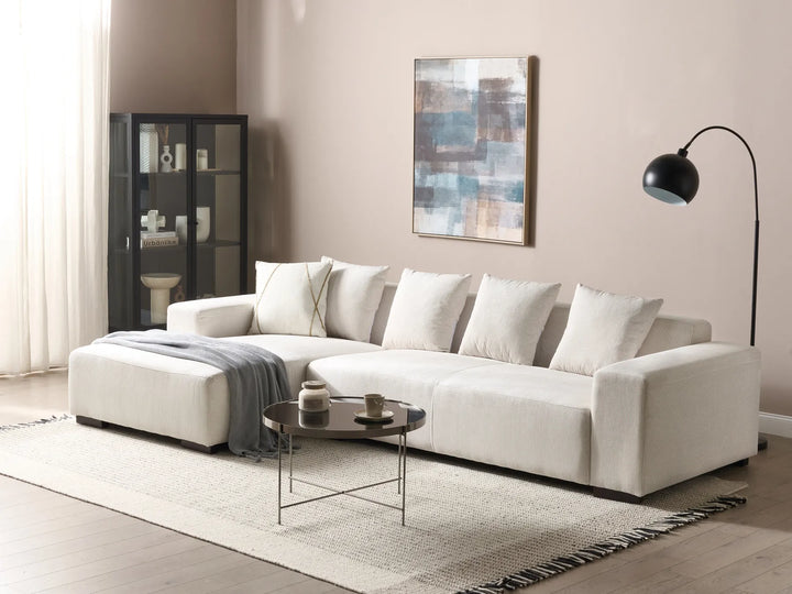 Modern right-hand corner sofa in off-white corduroy with removable cushion covers