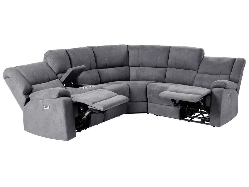 Gray sectional sofa with reclining seats on a white background