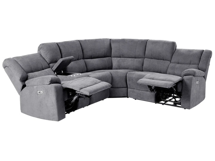 Gray sectional sofa with reclining seats on a white background