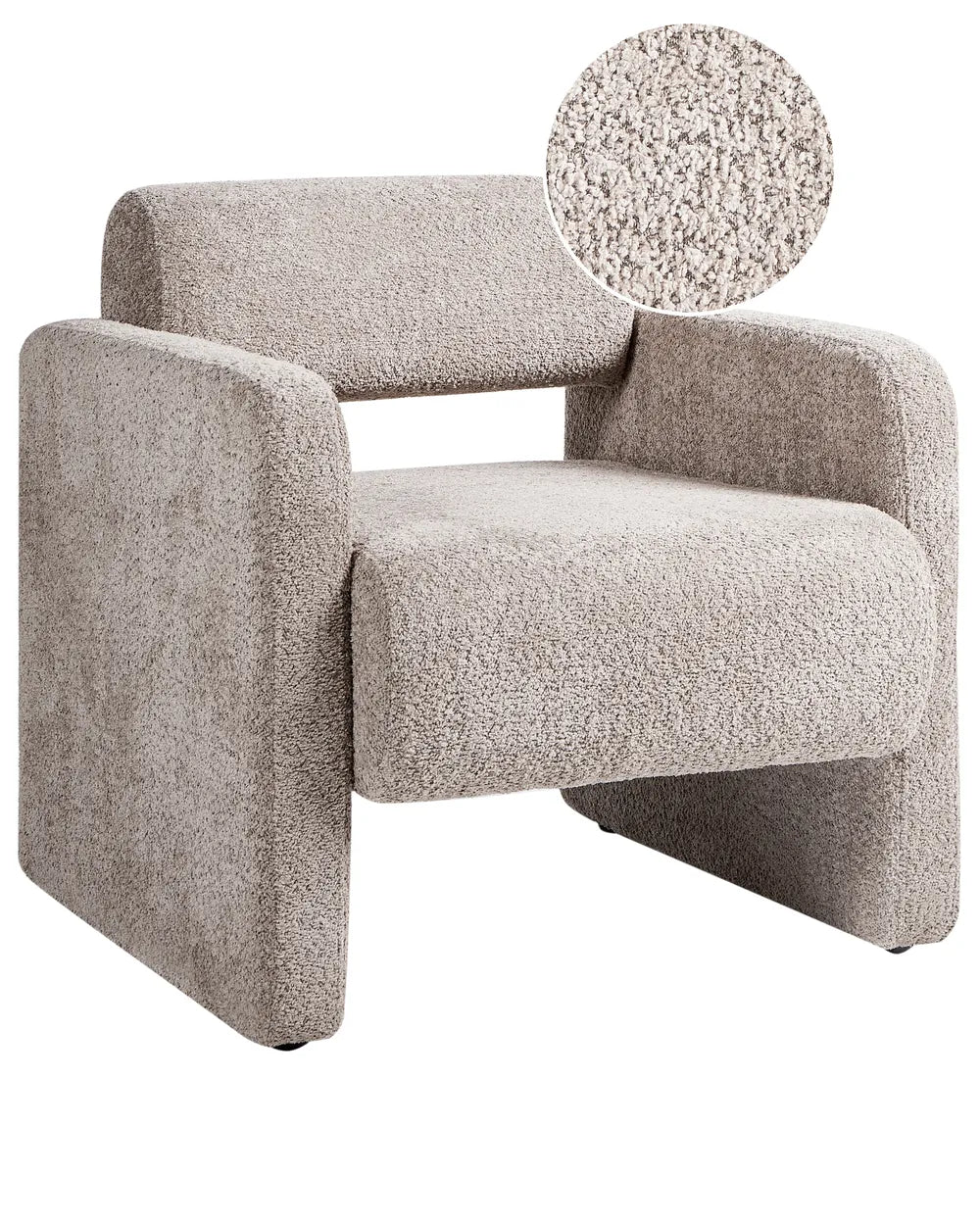 Gray textured armchair with close-up of fabric texture on a white background