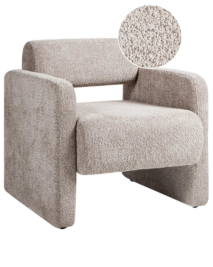 Gray textured armchair with close-up of fabric texture on a white background