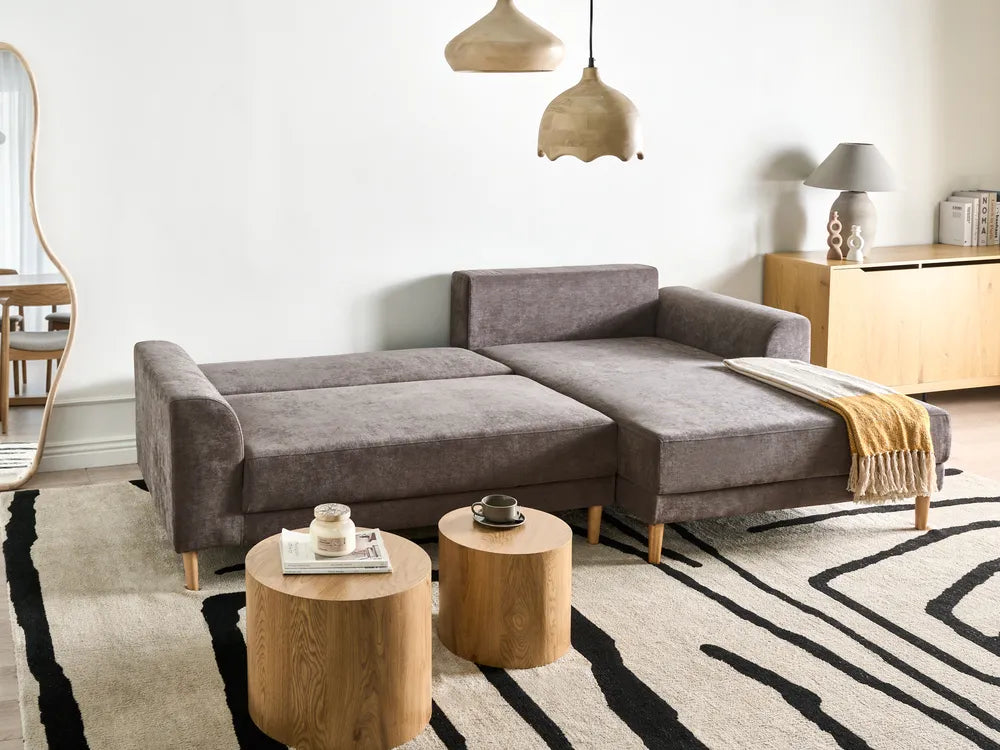 Corner Sofa Bed 3 Seater Chenille Taupe with Storage Left Hand Keshvi