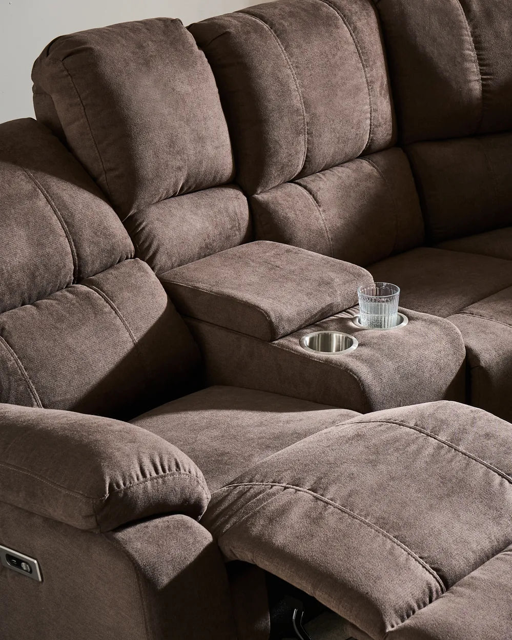 Electric Recliner Corner Sofa 5 Seater Fabric Brown with USB Port Left Hand Mailina