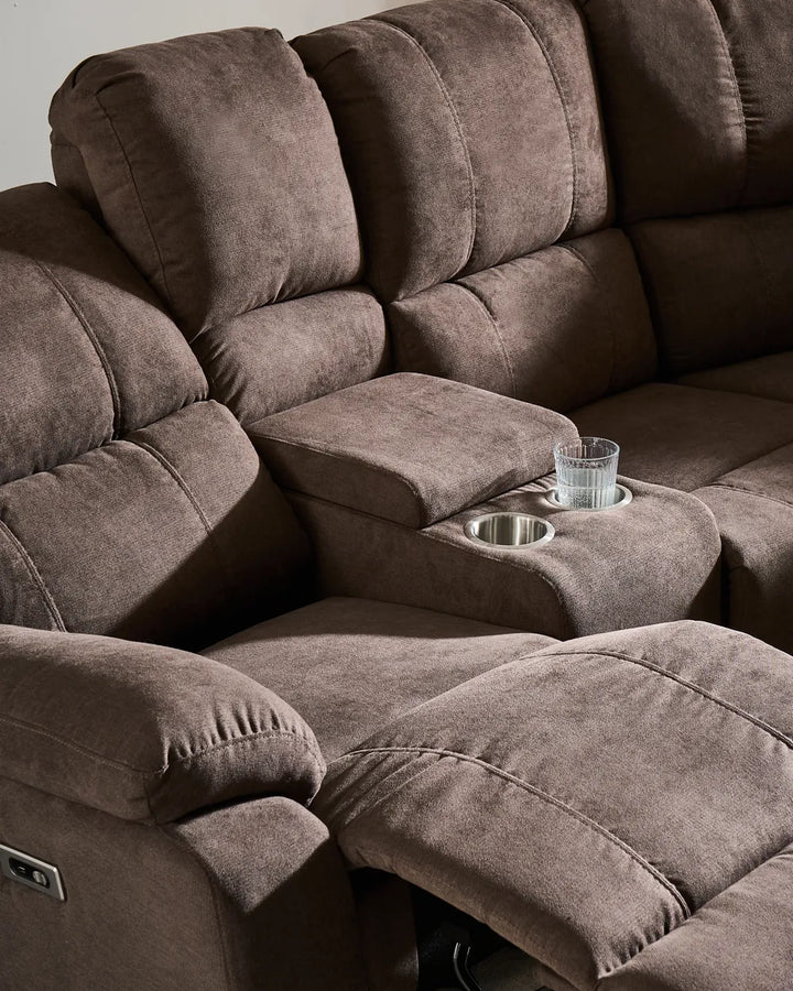 Electric Recliner Corner Sofa 5 Seater Fabric Brown with USB Port Left Hand Mailina