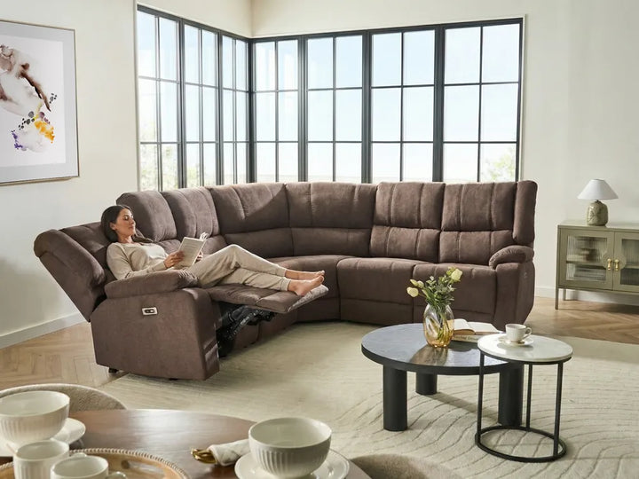 Electric Recliner Corner Sofa 5 Seater Fabric Brown with USB Port Left Hand Mailina