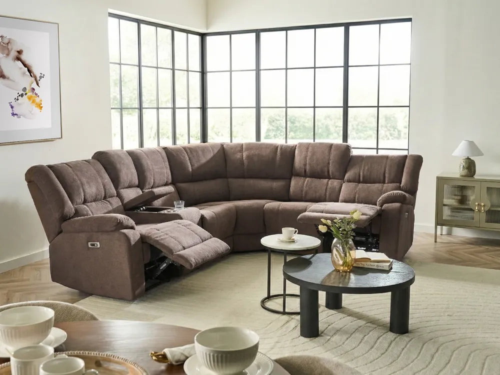 Electric Recliner Corner Sofa 5 Seater Fabric Brown with USB Port Left Hand Mailina