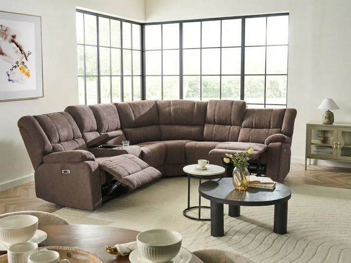 Electric Recliner Corner Sofa 5 Seater Fabric Brown with USB Port Left Hand Mailina