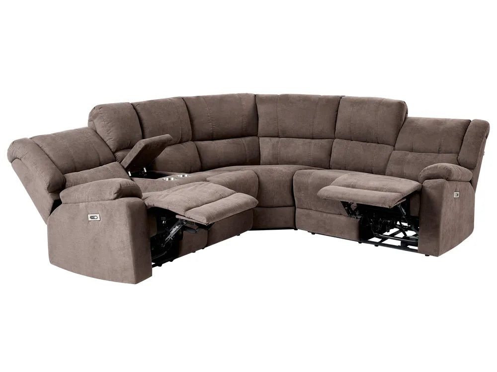 Brown sectional sofa with reclining seats on a white background