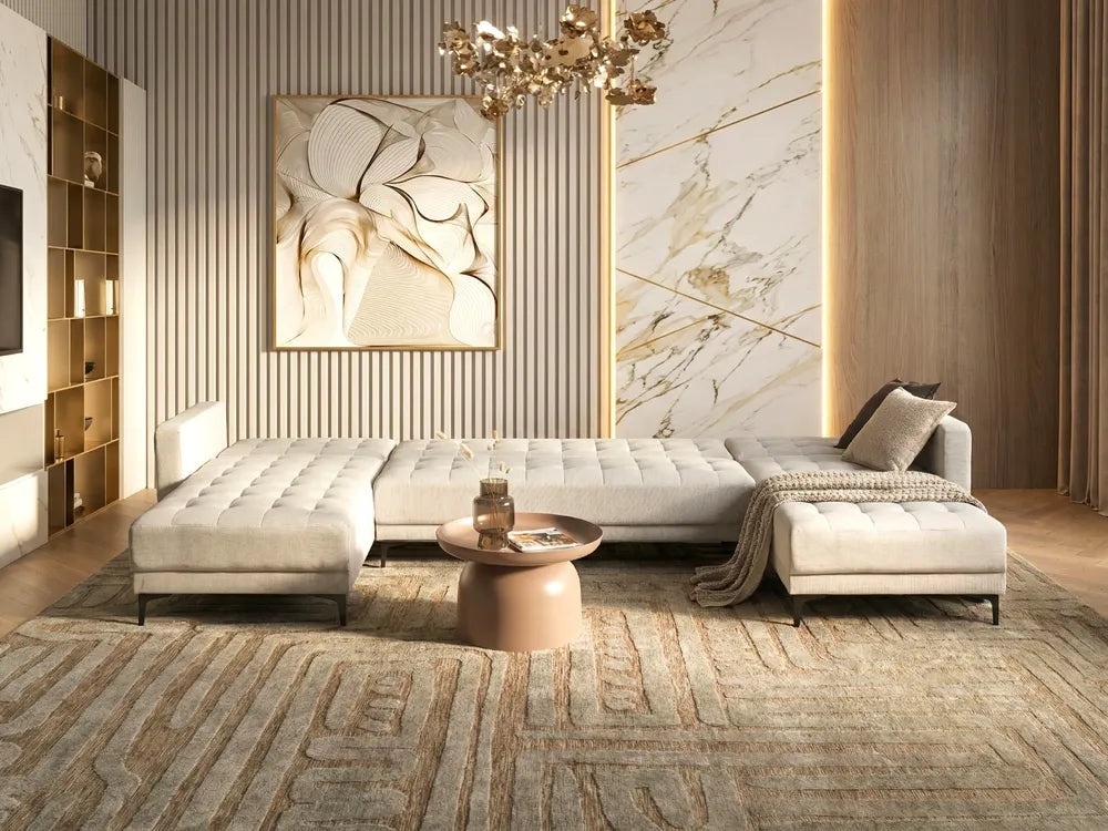 Modular U-Shape Sofa Bed 5 Seater Fabric Off-White Denby