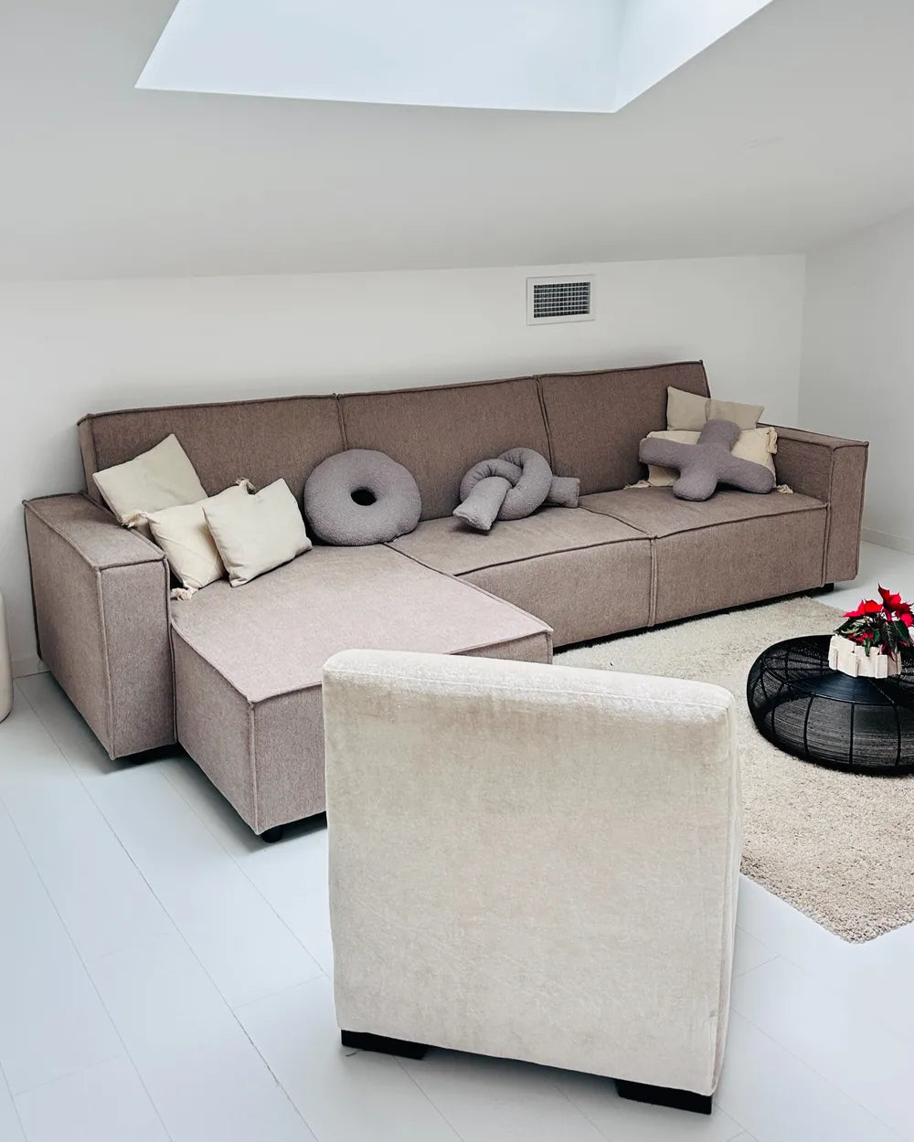 Corner Sofa Bed 3 Seater Fabric Beige Right Hand Loette