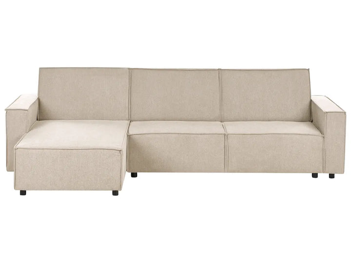 Right-hand 3-seater fabric corner sofa bed in beige with chaise