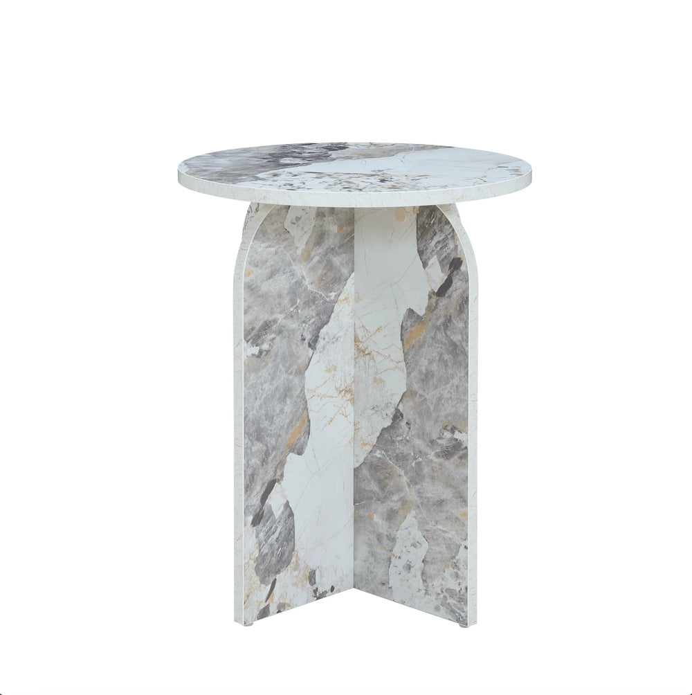 Marble-patterned side table on a white background