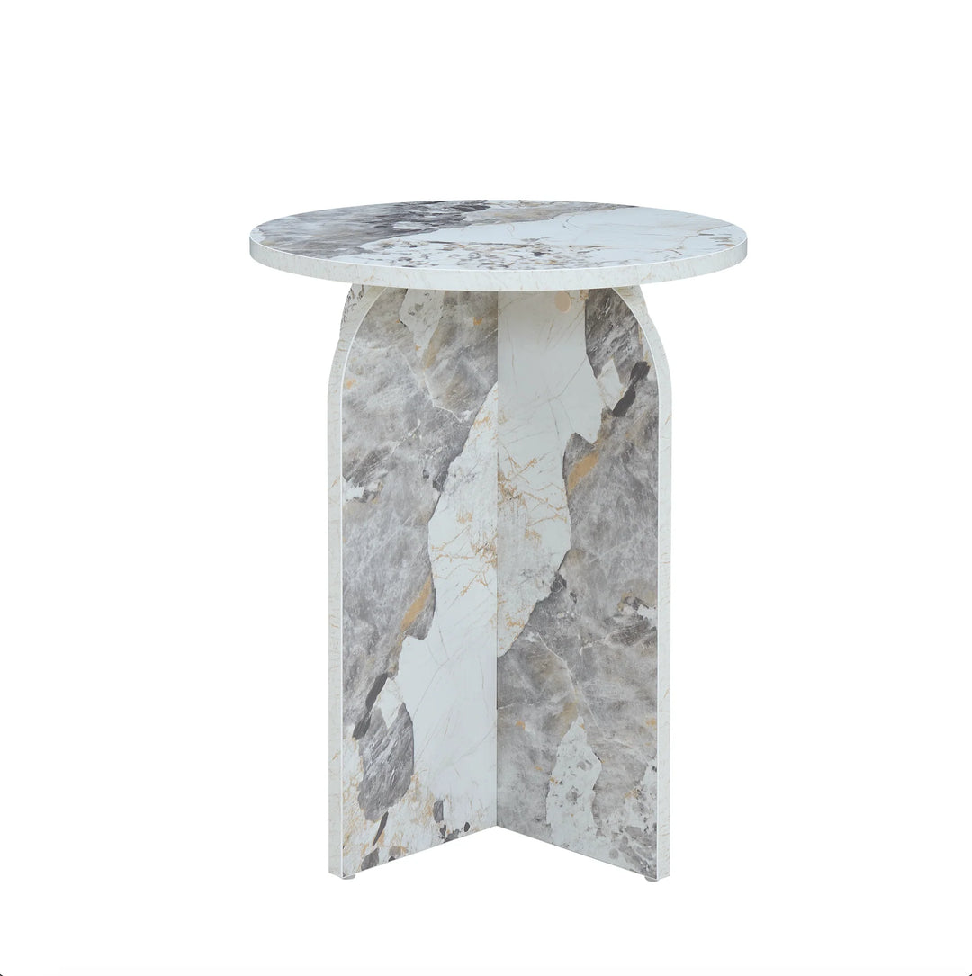 Marble-patterned side table on a white background