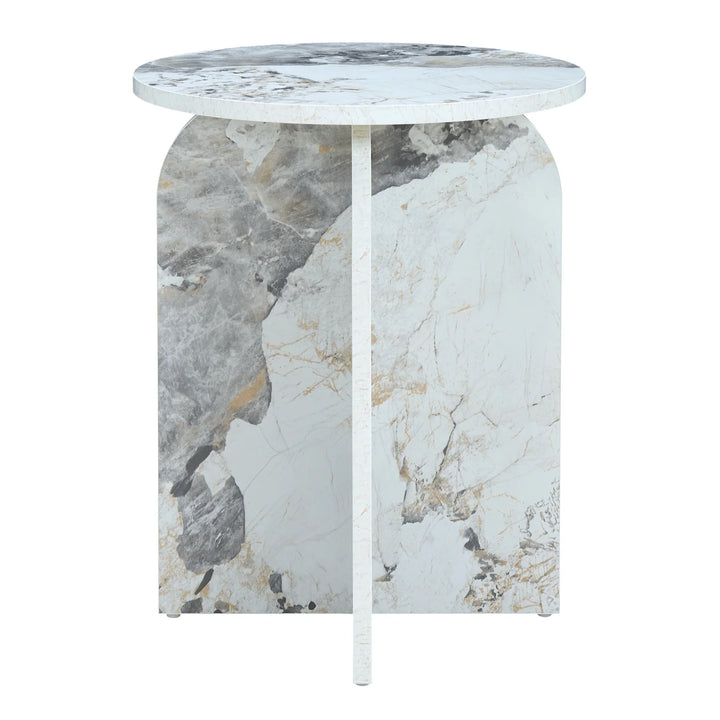 Marble-patterned side table on a white background