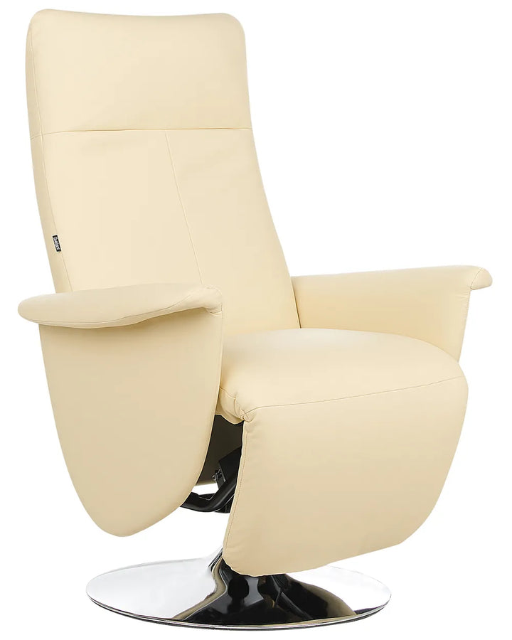 Beige recliner chair with a chrome base on a white background