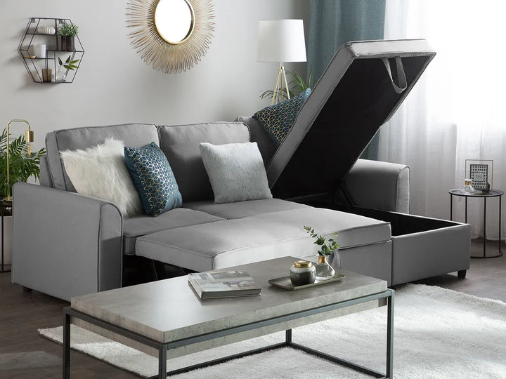 Corner Sofa Bed 3 Seater Fabric Light Grey with Storage Left Hand Mauralia