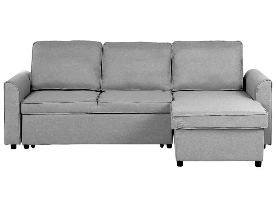 Left-hand light grey fabric corner sofa bed with storage and chaise