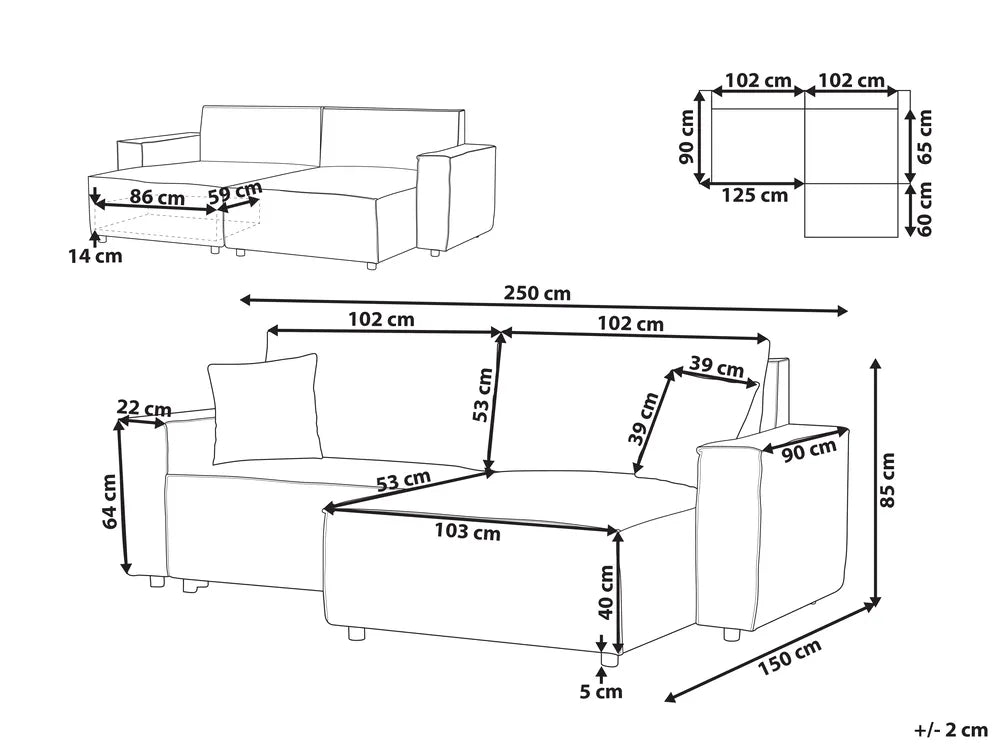 Sofa Bed 3 Seater Fabric Light Beige with Storage Left Hand Fairbairn