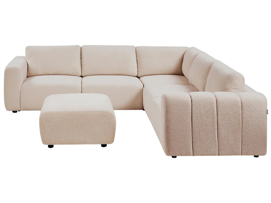 Beige bouclé modular corner sofa 5 seater with left chaise and ottoman, modern living room design