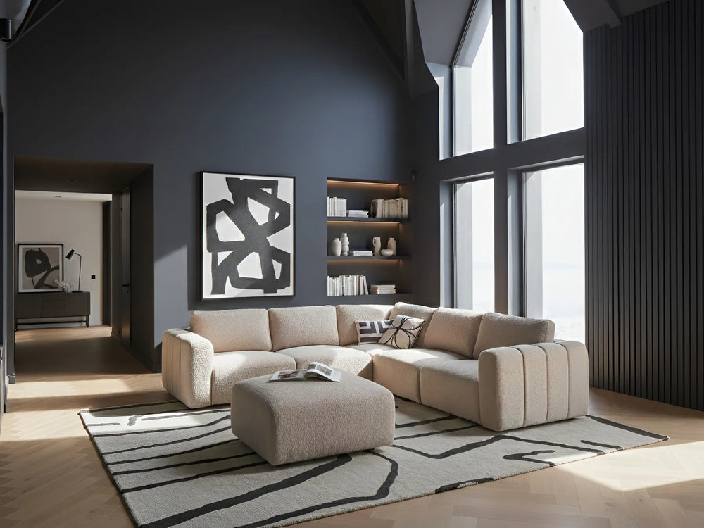 Left hand beige bouclé modular corner sofa with ottoman, contemporary 5 seater sectional sofa