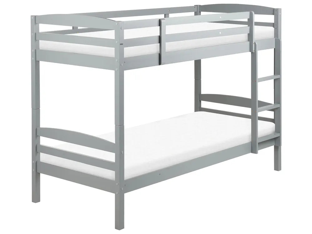 Gray metal bunk bed with white mattress on a white background