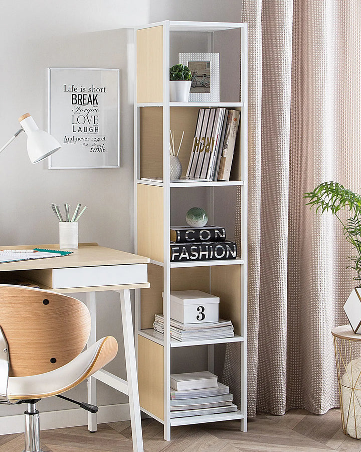 Modern home office with a desk, chair, and bookshelf.