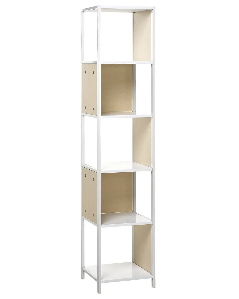Tall white bookshelf with beige shelves on a white background