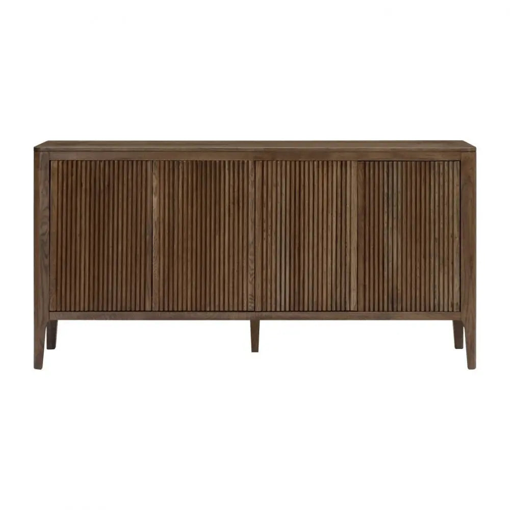 Wooden sideboard with a slatted design on a white background