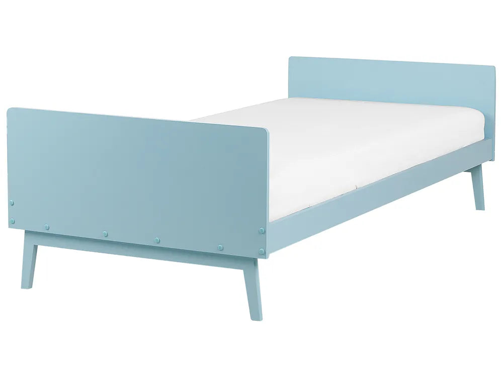 Light blue bed frame with white mattress on a white background