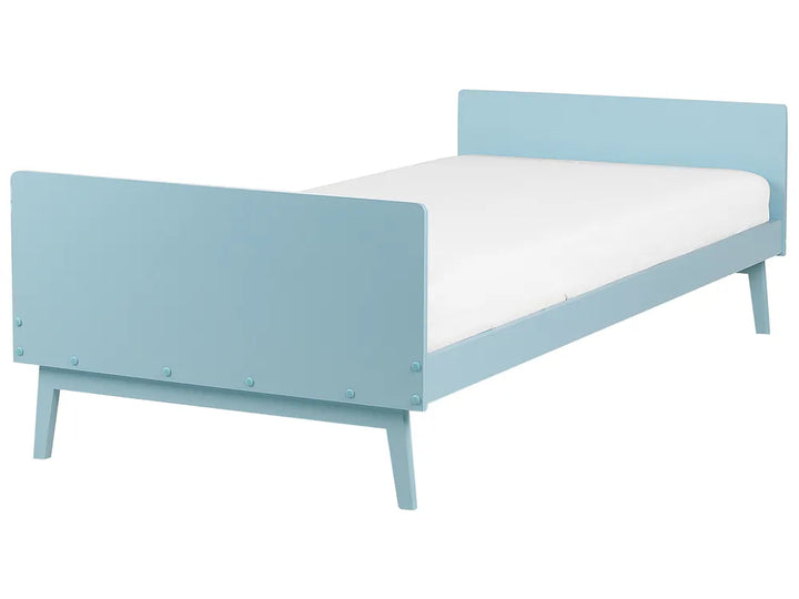 Light blue bed frame with white mattress on a white background